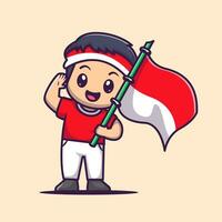 schattig jongen Holding Indonesisch vlag tekenfilm vector icoon illustratie. mensen vakantie icoon concept geïsoleerd premie vector. vlak tekenfilm stijl