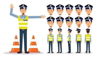 verkeersagent in verschillende weergaven, cartoonstijl. vector
