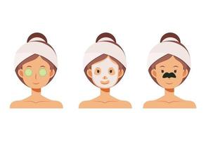 vrouw met gezichtsmasker, neuspleisters, komkommer ooglapje huidverzorging. vector