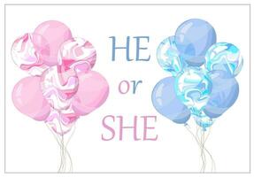 kaart. roze en blauw vliegend gemarmerd ballon, lint, verrassing. baby douche zijn een meisje zijn een jongen groet kaart. helium ballon geschenk. tekenfilm stijl. vector illustratie