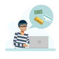 hacker concept, een man hackt gegevens om geld gouden creditcard te stelen. vector