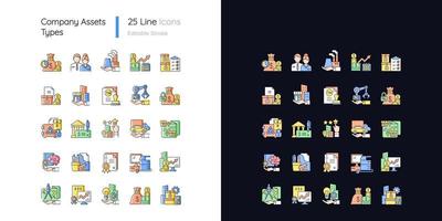 zakelijke activa lichte en donkere thema rgb kleur iconen set vector