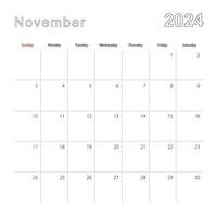 gemakkelijk muur kalender voor november 2024 met stippel lijnen. de kalender is in engels, week begin van zondag. vector