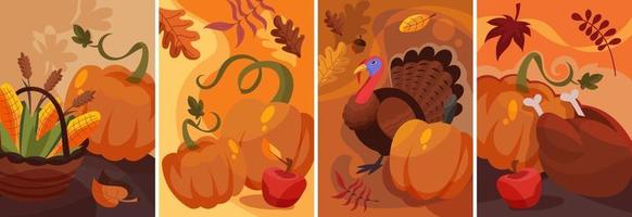 set thanksgiving posters in cartoon-stijl. vakantie plakkaat ontwerpen. vector