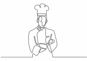 een lijntekening van zelfverzekerde chef-kok staande vectorillustratie. vector