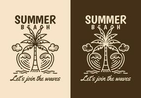 zomer strand, laten we toetreden de golven. lijn kunst illustratie van kokosnoot boom en golven vector