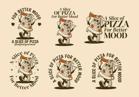 een plak van pizza voor beter humeur. mascotte karakter illustratie van wandelen pizza, Holding een vlag vector