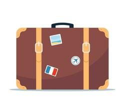 wijnoogst op reis leer koffer met stickers. cabine bagage. op reis concept. vector illustratie.