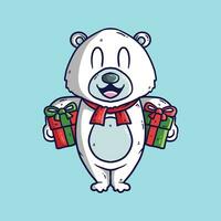 schattig tekenfilm polair beer in Kerstmis rood hoed, sjaal Holding Kerstmis geschenk. grappig tekenfilm illustratie voor Kerstmis kaarten en affiches. vector