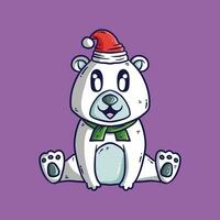 aanbiddelijk polair beer in rood hoed, sjaal zittend tekenfilm vector illustratie. grappig tekenfilm illustratie voor kerstmis.