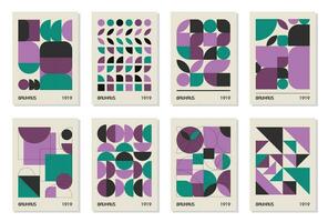 set van 8 minimale vintage 20s geometrisch ontwerp posters, kunst aan de muur, sjabloon, lay-out met primitieve vormen elementen. bauhaus retro patroon achtergrond, vector abstracte cirkel, driehoek en vierkante lijntekeningen
