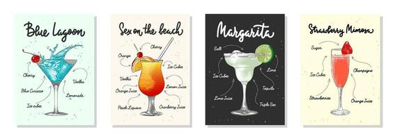 reeks van 4 reclame recept lijsten met alcoholisch drankjes, cocktails en dranken belettering affiches, muur decoratie, afdrukken, menu ontwerp. hand- getrokken typografie met schetsen. handgeschreven kalligrafie. vector