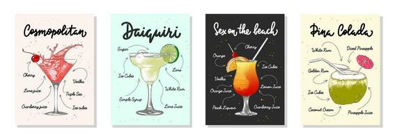 reeks van 4 reclame recept lijsten met alcoholisch drankjes, cocktails en dranken belettering affiches, muur decoratie, afdrukken, menu ontwerp. hand- getrokken typografie met schetsen. handgeschreven kalligrafie. vector