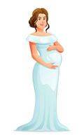 gelukkig zwanger vrouw knuffelen haar buik vector tekenfilm illustratie