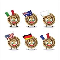 koekjes spiraal tekenfilm karakter brengen de vlaggen van divers landen vector