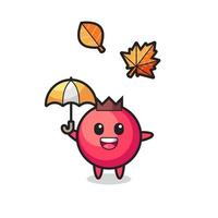 cartoon van de schattige cranberry die een paraplu vasthoudt in de herfst vector