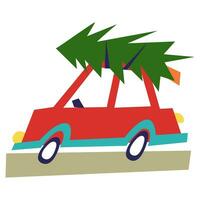 een rood passagier auto is draag- een Kerstmis boom Aan de dak voor de Kerstmis en nieuw jaar vakantie Aan de weg. geïsoleerd kinderen meetkundig vector illustratie voor een vakantie Aan een wit achtergrond