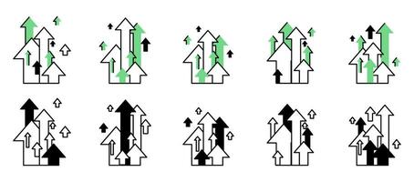 een reeks van pijlen richten omhoog. naar boven beweging is getoond. een teken van groei en ontwikkeling. verbetering van verkoop, waarderingen, populariteit vector