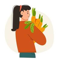 een boer Mens met een groenten in zijn handen. veganistisch voedsel. oogsten. vlak vector zuivering.