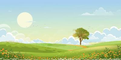 lente groene velden landschap met bergen, blauwe lucht en wolken achtergrond, panorama rustige landelijke natuur in de lente met groen grasland. cartoon vectorillustratie voor lente en zomer banner vector