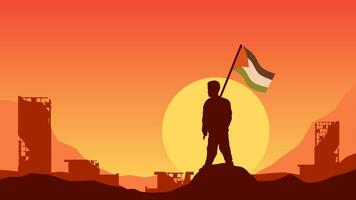 Palestina landschap vector illustratie. silhouet van Mens Holding Palestina vlag in de vernietigd stad. landschap illustratie van oorlog voor sociaal problemen, nieuws, ondersteuning of conflict