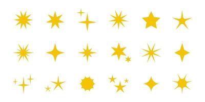 vector geel en goud sterren sparkles pictogrammen. verzameling van geel ster tekens. decoratie twinkelen, glimmend flash. goud gloeiend licht sterren en barst geïsoleerd Aan wit.