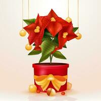 kerstster bloem in een geschenk vormig bloempot, met Kerstmis klok bal element. 3d vector, geschikt voor vakantie evenementen en ontwerp elementen vector