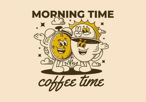 ochtend- tijd, koffie tijd. mascotte karakter van koffie beker, alarm klok en een zon vector