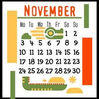 plein kalender bladzijde voor november 2024 met een groen meetkundig draak. geïsoleerd Aan een wit achtergrond. de symbool van de jaar van de draak. de draak met de eerste sneeuw. vector illustratie. kleur