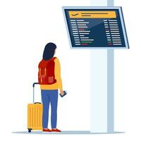 vrouw met op wielen koffer en rugzak looks Bij de Vertrek bord Bij luchthaven. passagier in luchthaven aan het wachten kamer of vertrek lounge met informatie paneel. reizen concept. vector illustratie.