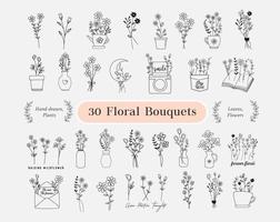 30 bloemen boeketten bundel. bloemen met de hand getekend, minimalistisch, wilde bloemen vector