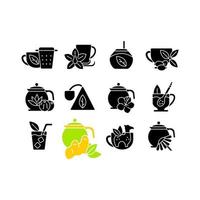 thee drinken gerelateerde zwarte glyph pictogrammen ingesteld op witruimte vector