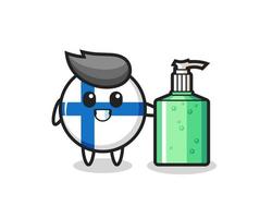 leuke cartoon van de vlag van Finland met handdesinfecterend middel vector