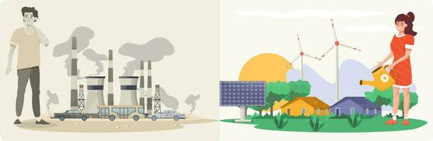 vervuild milieu met uitstoot en rook van fabrieken, koolstof. schoon omgeving, vers lucht, groen planten. vergelijking infografisch. bescherming van ecosysteem, duurzame energie, groen industrie. vector