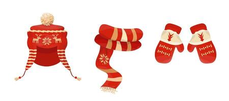 reeks van winter hoed, sjaal en wanten. warm kleren verzameling. rood en wit wolachtig hoed. vlak vector illustratie.