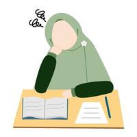 illustratie van een moslim vrouw moe van aan het studeren vector