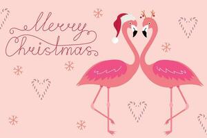 roze Kerstmis kaart met flamingo in liefde vector