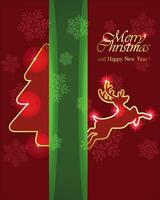 vrolijk Kerstmis en nieuw jaar reeks van groet kaarten, affiches, vakantie dekt. Kerstmis ontwerp met Kerstmis boom en rendier Aan rood achtergrond. schrijven vrolijk Kerstmis en nieuw jaar. vector
