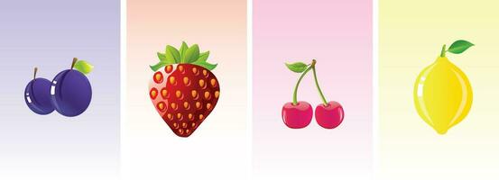 aardbeien, kersen, citroenen, bosbessen. vers fruit kleur achtergrond, 3d vector icoon reeks