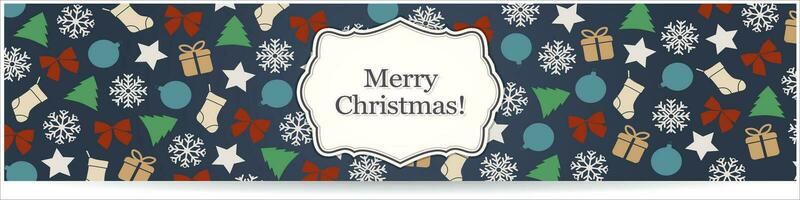 Kerstmis spandoek. Kerstmis ontwerp achtergrond van geschenk dozen, groen boom pijnboom, sterren, ballen, sokken, sneeuwvlokken. horizontaal Kerstmis hoofd voor website sjabloon, vlak top visie. vector