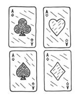 een winnend poker hand- van vier azen spelen kaarten pakken Aan wit. zwart en wit hand- getrokken krassen afbeelding. gravure inkt, lijn kunst vector illustratie.