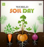 wereld bodem dag. uien, wortels en aardappelen geplant in bodem, de belang van gezond bodem. 3d vector geschikt voor aarde dag, groen wereld, evenementen, landbouw, bedrijf en onderwijs