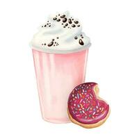 aardbei milkshake met geslagen room, chocola chips en rood geglazuurd donut met hagelslag waterverf vector illustratie