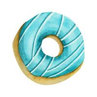turkoois blauw geglazuurd donut waterverf illustratie. heerlijk ronde donut met topping vector