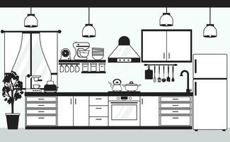 keuken vector illustratie. zwart en wit keuken tekening. minimalistische keuken ontwerp.