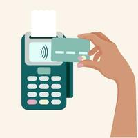 contactloos betaling. hand- Holding credit kaart. illustratie van draadloze mobiel betaling door credit kaart. vlak vector illustraties.