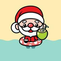 schattig en kawaii Kerstmis de kerstman claus tekenfilm karakter zwemmen en drinken kokosnoot vector