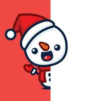 schattig en kawaii stijl Kerstmis sneeuwman tekenfilm karakter achter een muur vector