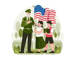 kinderen geven bloemen en cadeaus naar een senior veteraan in leger uniform net zo een teken van groet en respect Aan veteranen dag vector
