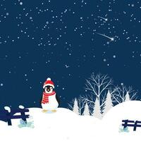 de pinguïn met Kerstmis kostuum Aan de winter achtergrond sprankelend nacht lucht vector